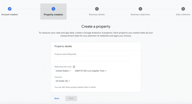 GA4 property creation screen