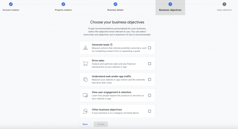 GA4 business objectives screen